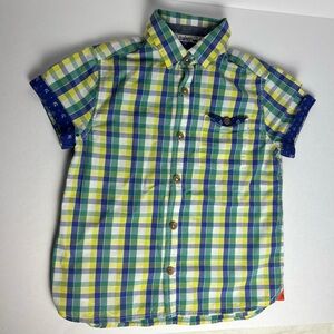 Baker by Ted Baker Short-Sleeve Green Yellow Blue Plaid Button-up Shirt size 4Y